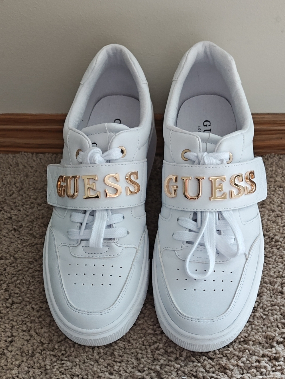 Guess White Sneakers with Gold Logo Strap Accent